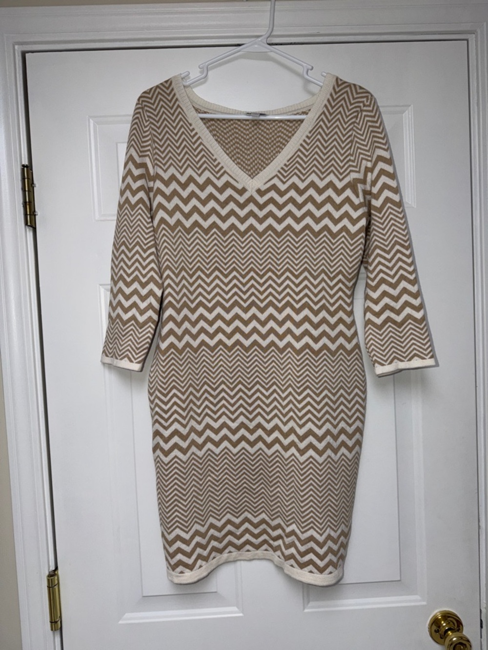 Charming Charlie Beige and White Chevron V-Neck Midi Dress